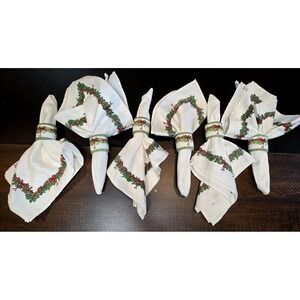 Christopher Radko Christmas Holiday Celebration Bow Holly Napkins Rings Set of 6